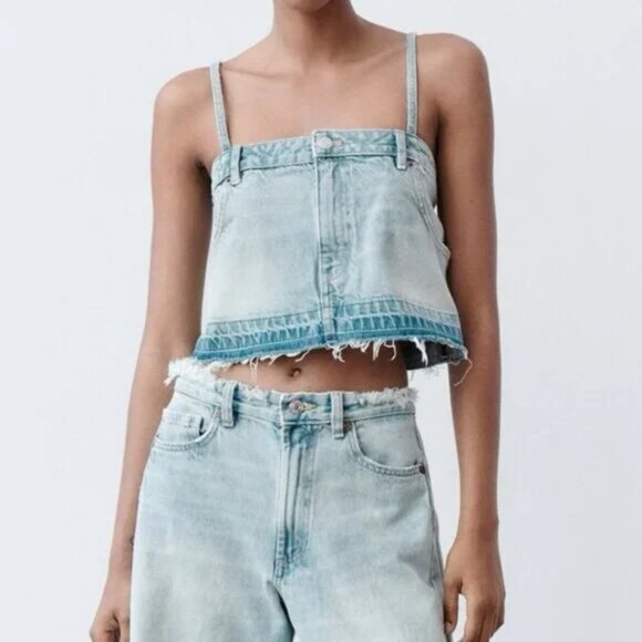 ZARA Skirt Effect Crop Denim Spaghetti Straps Jean Tank Top L - Picture 4 of 16